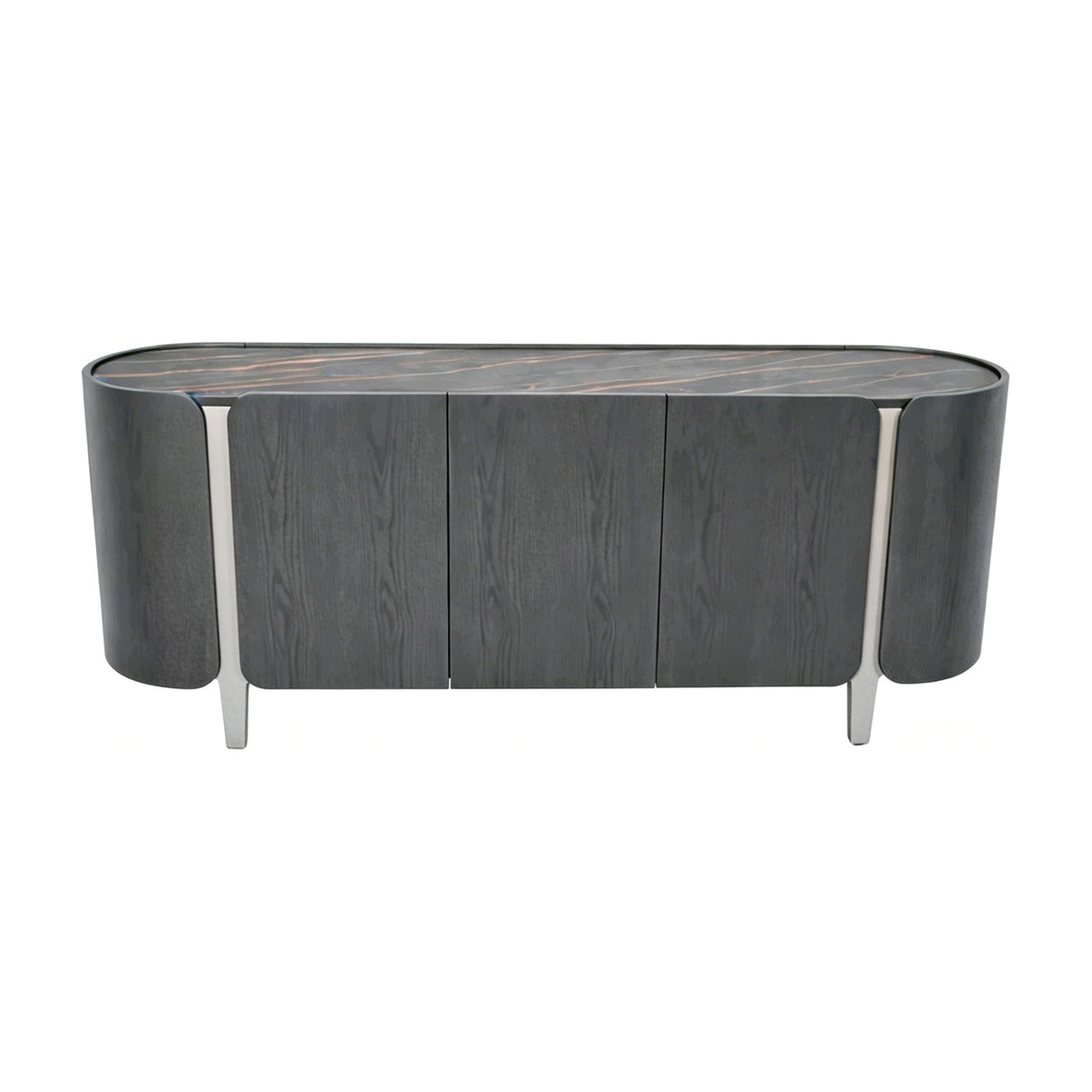 Libra Interiors Ceramic Top Curved Sideboard in charcoal with bronze-veined ceramic top, dark oak veneer body, curved ends and tapered metal legs.
