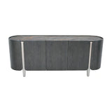 Libra Interiors Ceramic Top Curved Sideboard in charcoal with bronze-veined ceramic top, dark oak veneer body, curved ends and tapered metal legs.