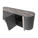 Libra Interiors Ceramic Top Curved Sideboard in charcoal, open door revealing smoked glass shelf, bronze-veined stone-effect top on dark oak veneer body.
