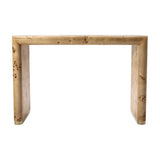 Libra Interiors Burlwood Brass-Detail Console Table in brown with waterfall silhouette, swirling grain and brass foot caps, on a white background.