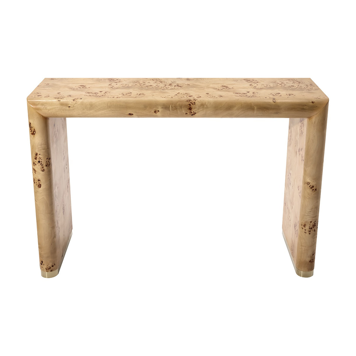 Libra Interiors Burlwood Brass-Detail console table in brown with rounded waterfall silhouette, figured grain and brass foot caps on a white background.