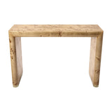 Libra Interiors Burlwood Brass-Detail console table in brown with rounded waterfall silhouette, figured grain and brass foot caps on a white background.