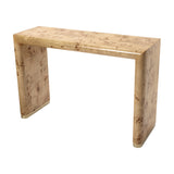 Libra Interiors Burlwood Brass-Detail Console Table in brown with waterfall silhouette, figured burl grain and brass foot caps on a white background.