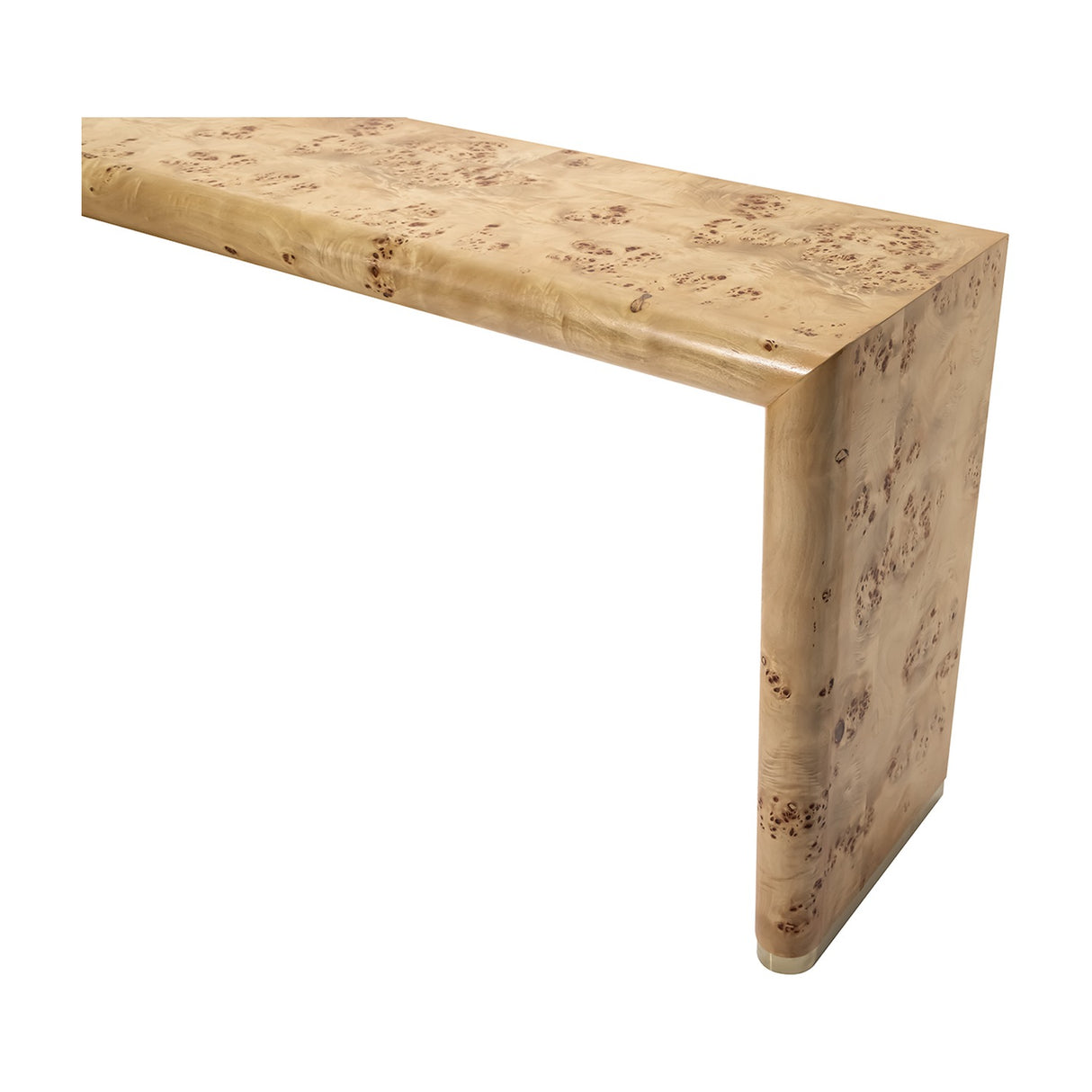 Libra Interiors Burlwood Brass-Detail Console Table in brown, angled view showing rounded edges, swirling grain and brass foot cap on a white background.