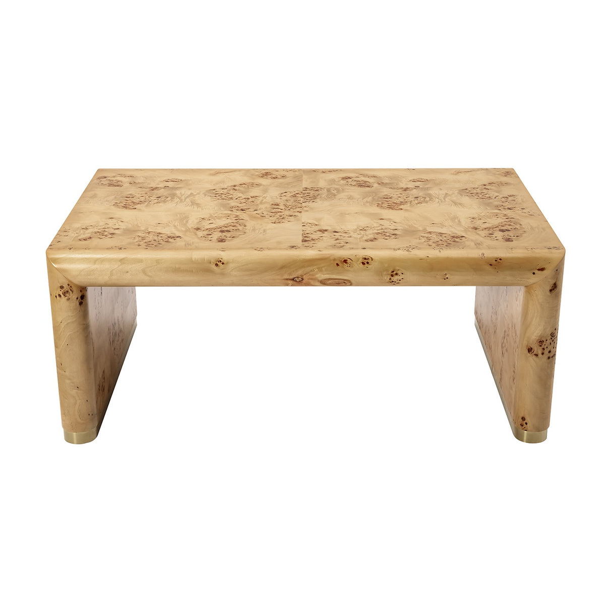 Libra Interiors Burlwood Waterfall Coffee Table in brown, a low rectangular table with figured burl grain, rounded waterfall legs and brass feet, on white.