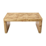 Libra Interiors Burlwood Waterfall Coffee Table in brown, a low rectangular table with figured burl grain, rounded waterfall legs and brass feet, on white.