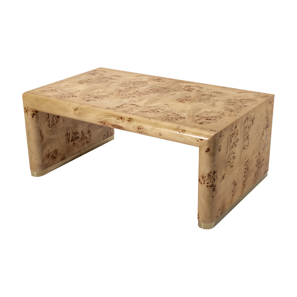Libra Interiors Burlwood Waterfall Coffee Table in brown, rectangular waterfall form with figured grain and brass foot detailing, on a white background.