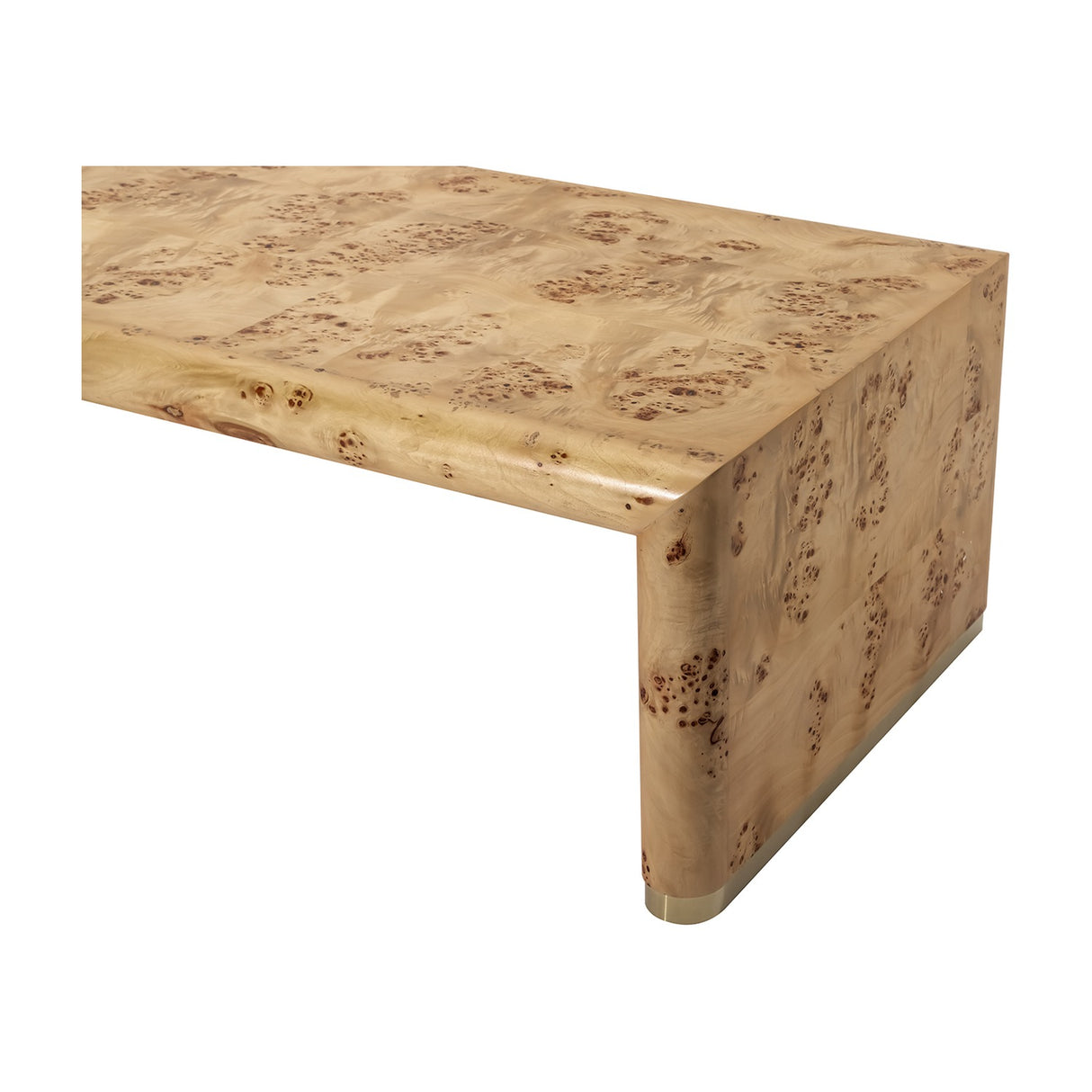 Libra Interiors Burlwood Waterfall Coffee Table in brown with figured grain, rounded waterfall edge and brass foot detail, shown on a white background.