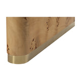 Close-up of the Libra Interiors Burlwood Waterfall Coffee Table showing the rounded burlwood leg edge and brushed brass base detailing.