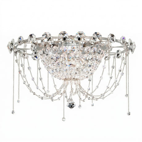 The Amara 4 Light K9 Crystal Flush Ceiling Light in chrome features a semi-circular design with hanging crystal beads and chains—ideal as a sparkling, elegant semi-flush fixture for stylish low ceiling lighting.