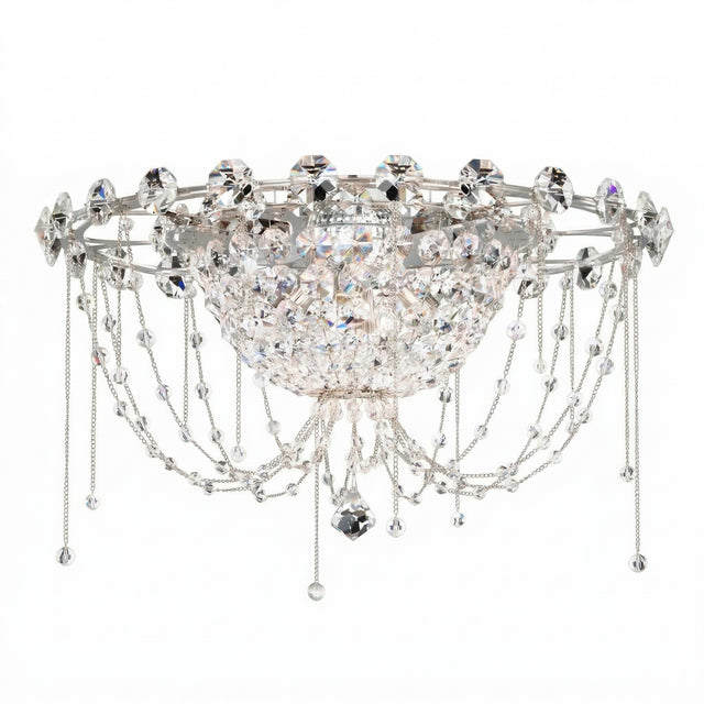The Amara 4 Light K9 Crystal Flush Ceiling Light in chrome features a semi-circular design with hanging crystal beads and chains—ideal as a sparkling, elegant semi-flush fixture for stylish low ceiling lighting.