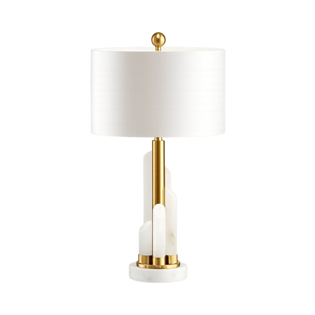 The Solaryn 1 Light Offset Alabaster Table Lamp in Brass & Soft White features sculptural geometric design, elegant brass accents, and a round soft white shade—ideal for those seeking modern and stylish lighting.