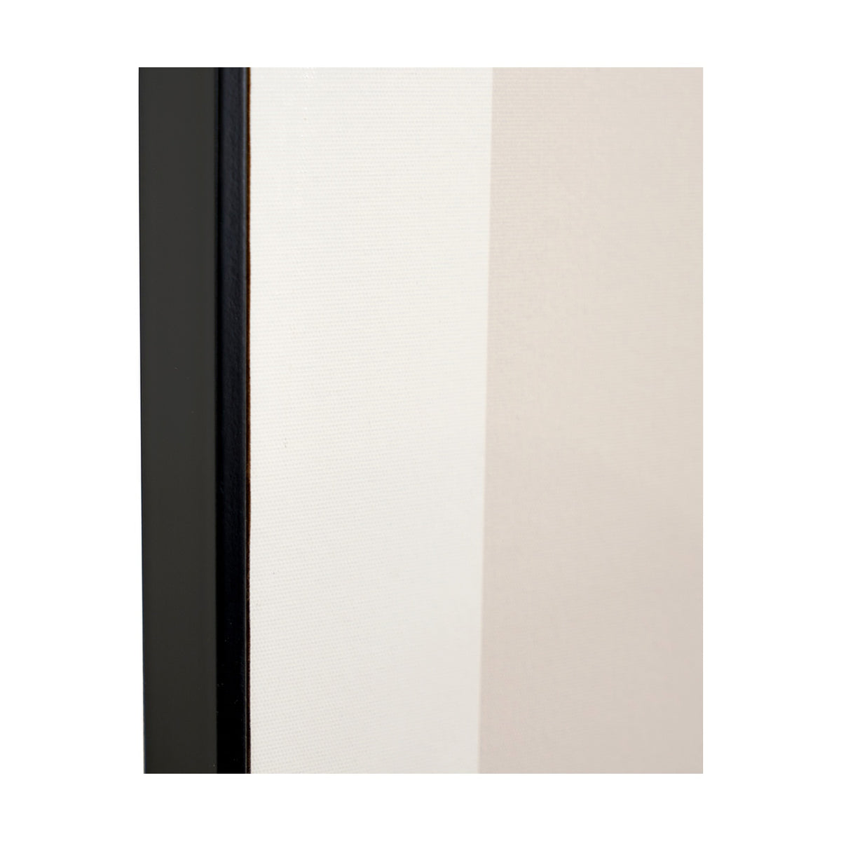 Close-up of the Art Deco Print's black frame edge with gold trim line against cream and beige canvas panels.