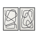 Set of 2 black-framed canvas wall art prints featuring abstract black squiggle line designs on a white background.