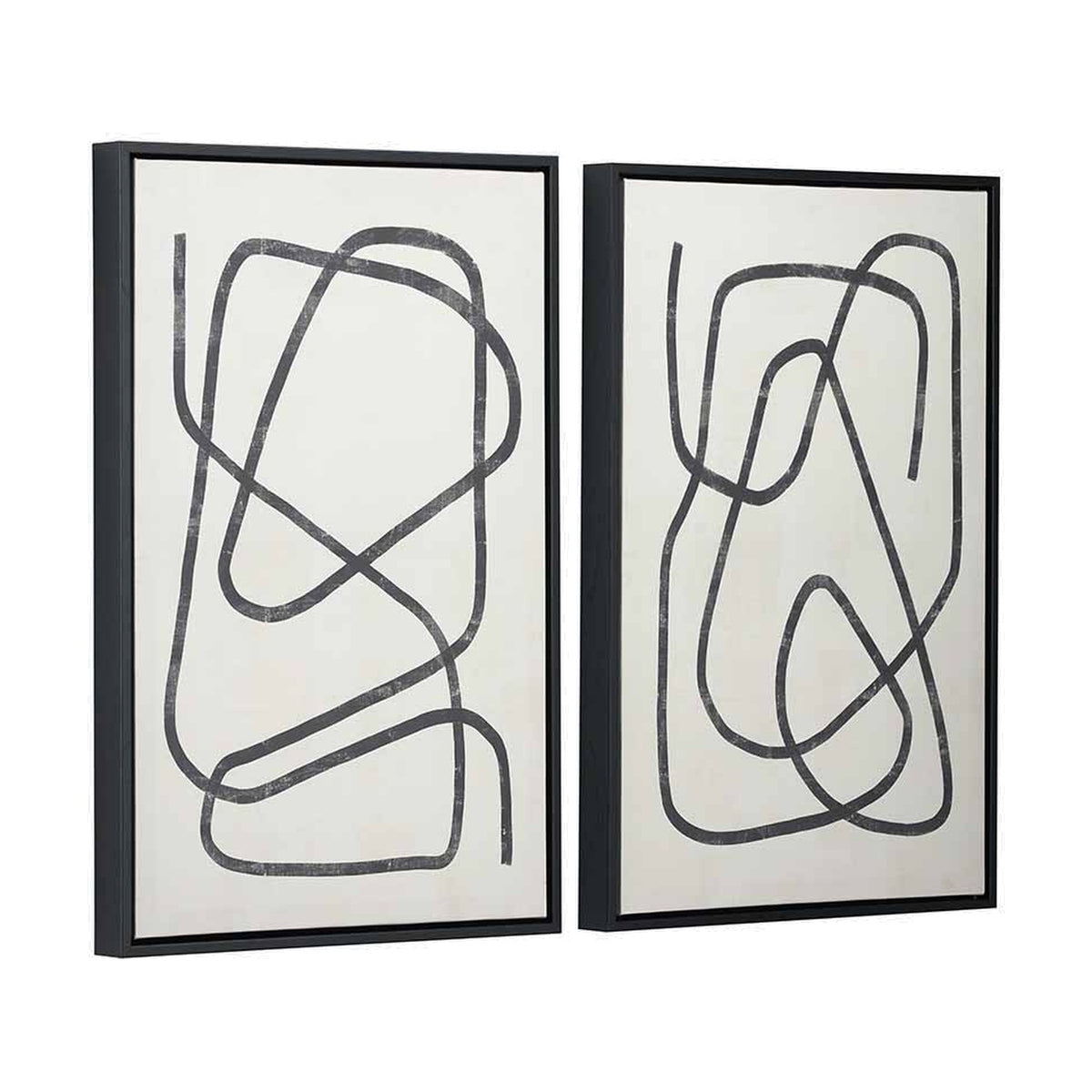 Set of 2 black-framed canvas wall art prints featuring abstract grey squiggle line designs on a cream background, shown at an angle against a plain white backdrop.