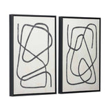 Set of 2 black-framed canvas wall art prints featuring abstract grey squiggle line designs on a cream background, shown at an angle against a plain white backdrop.