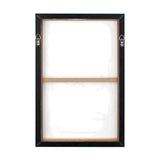 Rear view of a black-framed canvas from the Set of 2 Black Squiggle Print Canvases, showing wooden support brace and hanging hardware, on a plain white background.