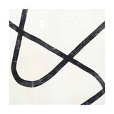 Close-up of black squiggle print canvas wall art, showing bold looping black lines on a textured white canvas.