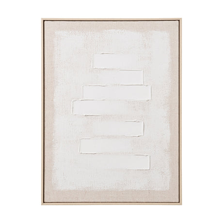White & Natural Textured Rectangular Canvas, 60 x 80cm, with raised horizontal white bands over a beige linen ground in a natural wood frame, shown on a plain white background.