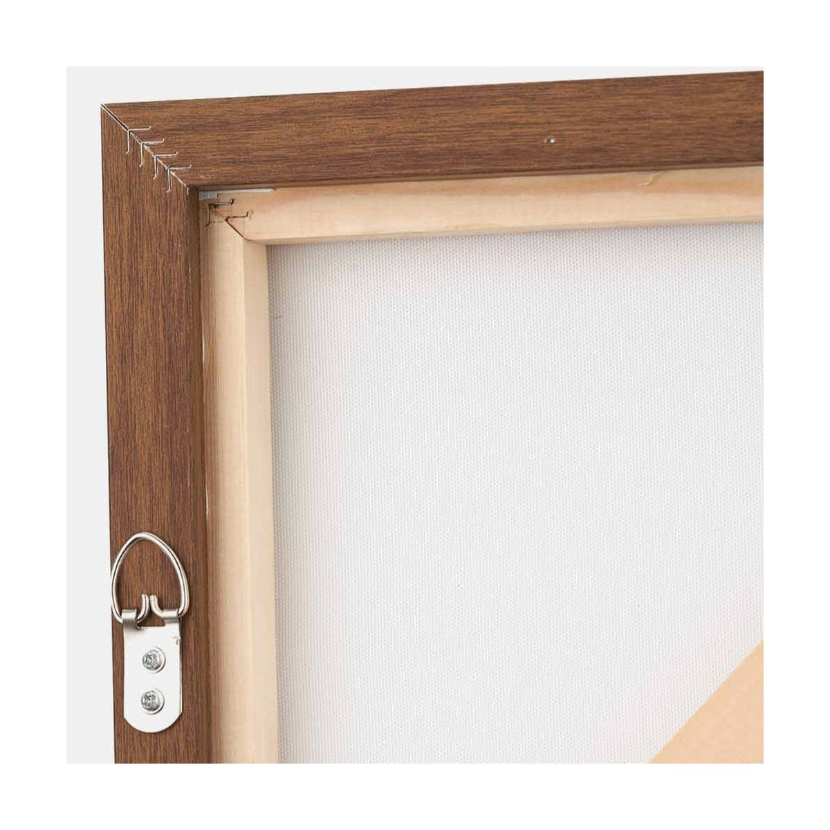 Close-up of the natural wood frame corner on the Natural & White Abstract Rectangular Large Canvas, showing mitred joints, stretcher bars, canvas backing and a mounted D-ring hanging bracket.