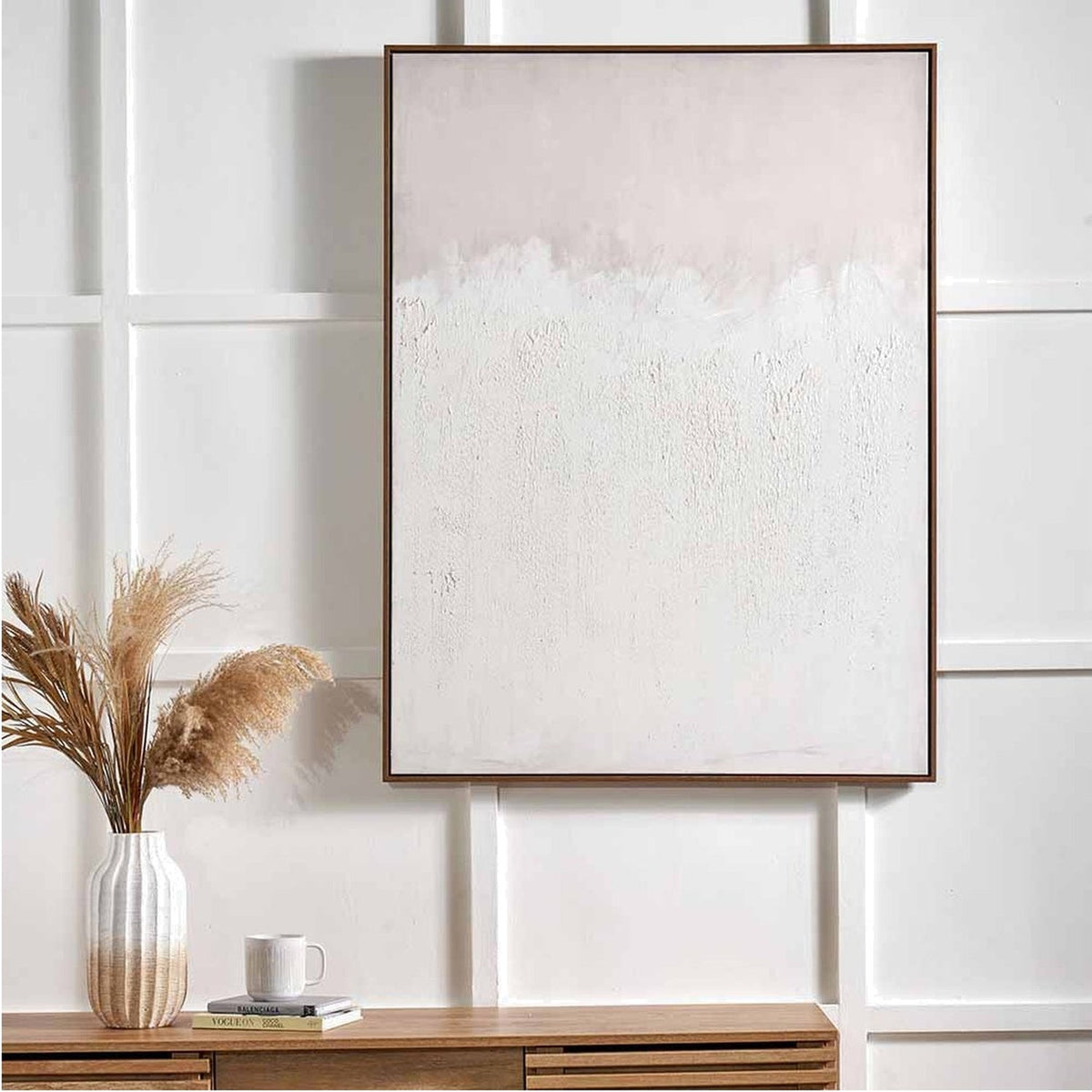 Natural & White Abstract Rectangular Large Canvas with Frame, thin brown frame, displayed above a wooden sideboard in a neutral living room setting.