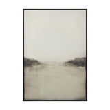 Grey and white abstract landscape canvas wall art in a black frame, 70 x 100cm, shown against a plain white background.