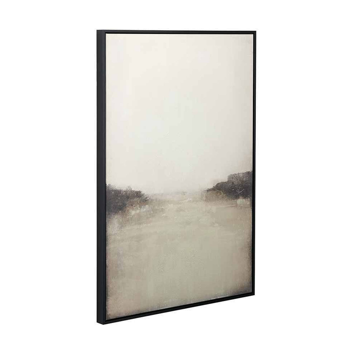 Grey and white abstract landscape canvas wall art in a black frame, 70 x 100cm, shown at an angle against a plain white background.