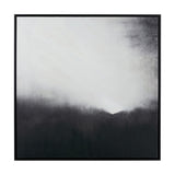 Monochrome abstract square canvas wall art, 80 x 80cm, in a black frame, blending soft grey and white tones into a dark, misty base.