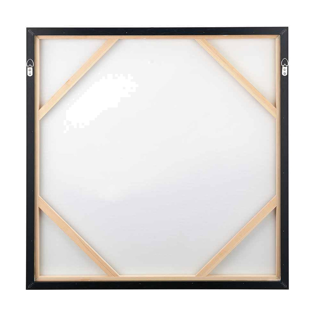 Rear view of the Monochrome Abstract Square Canvas with black frame, 80 x 80cm, showing wooden support struts and hanging hooks against a plain background.