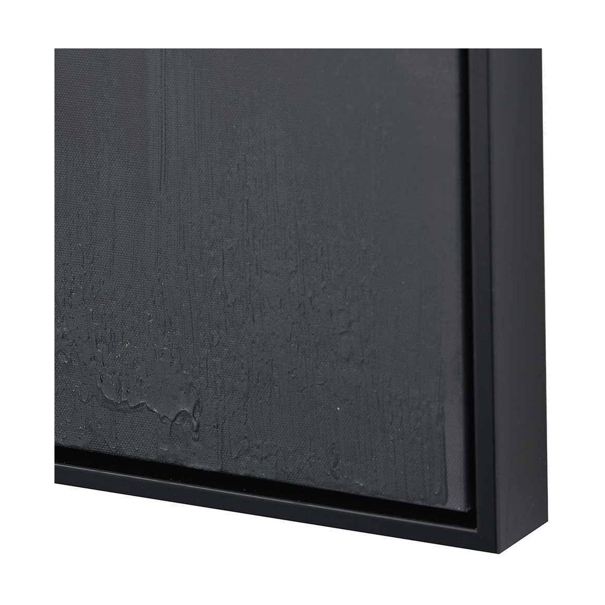 Close-up of the black-framed edge of the Monochrome Abstract Square Canvas, 80 x 80cm, showing textured black canvas surface and slim black frame against a white background.