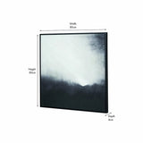 Monochrome abstract square canvas wall art in a black frame, 80 x 80cm, blending white, grey and black tones, shown at an angle against a plain white background with dimension labels.