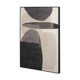 Framed canvas wall art, 60 x 80cm, featuring abstract oval and curved shapes in black, grey and natural tones, shown at an angle against a plain white background.