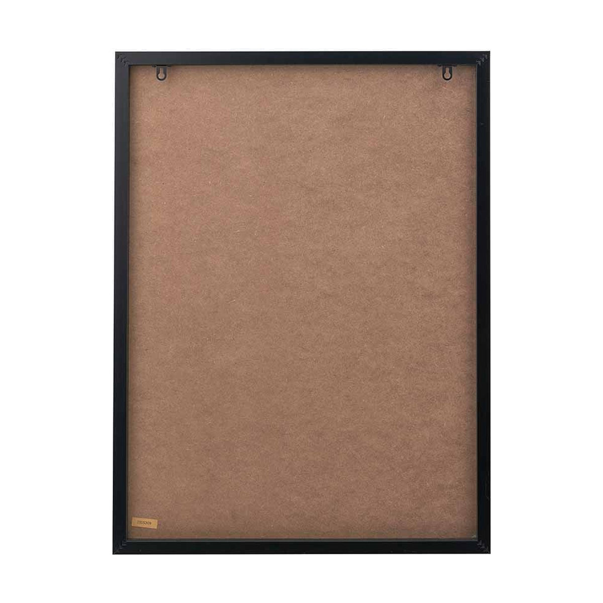Rear view of the 60 x 80cm canvas wall art in a black frame, showing brown backing board, two hanging hooks, and corner support brackets.