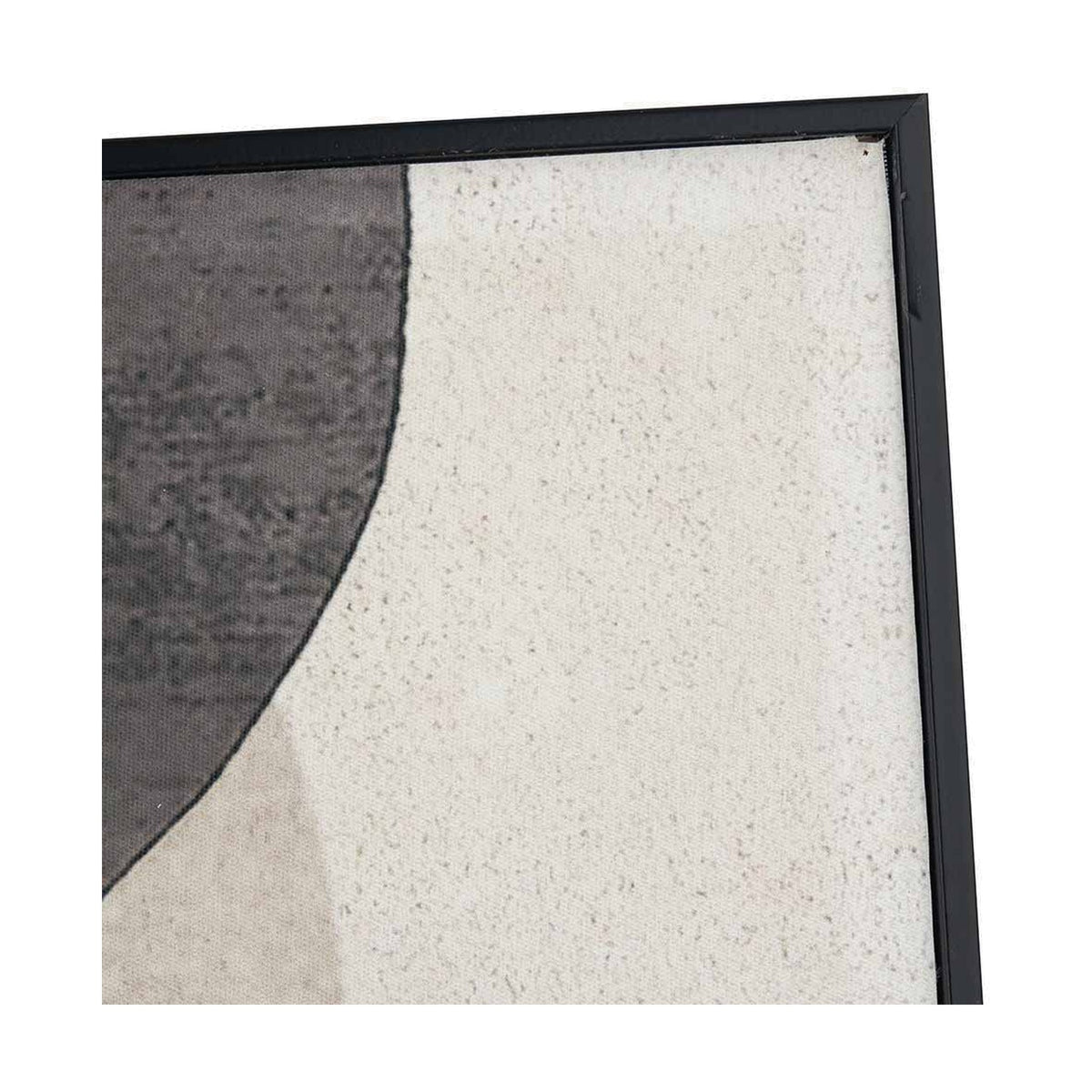Close-up corner detail of Natural & Black Canvas with Ovals Design, showing a black frame edge, textured natural canvas, and part of a grey oval motif.