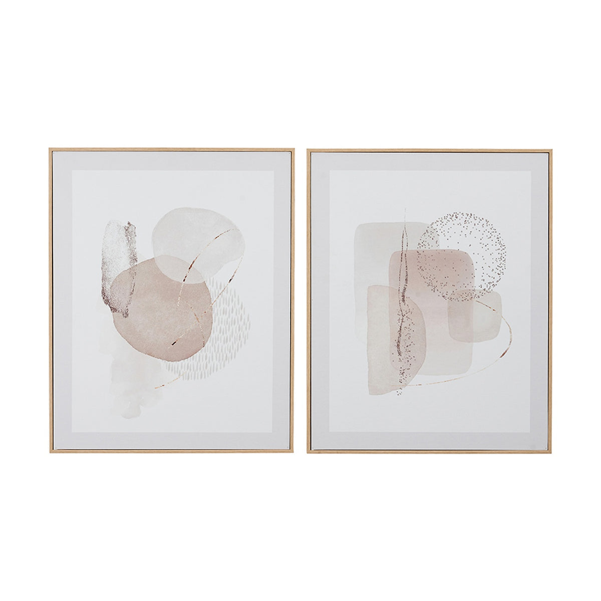 Set of two framed abstract canvas wall art pieces in natural tones of pink, beige, and grey, featuring organic shapes and speckled details in thin gold-toned frames on a white background.