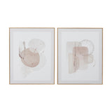 Set of two framed abstract canvas wall art pieces in natural tones of pink, beige, and grey, featuring organic shapes and speckled details in thin gold-toned frames on a white background.