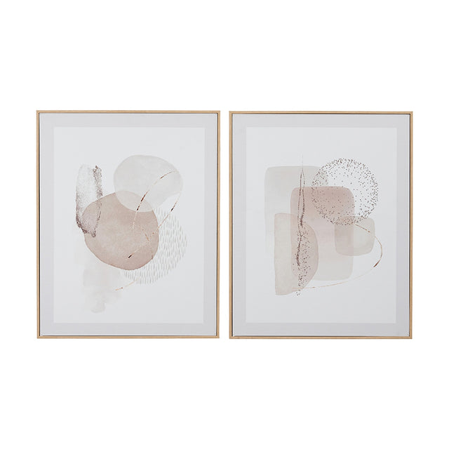 Set of two framed abstract canvas wall art pieces in natural tones of pink, beige, and grey, featuring organic shapes and speckled details in thin gold-toned frames on a white background.