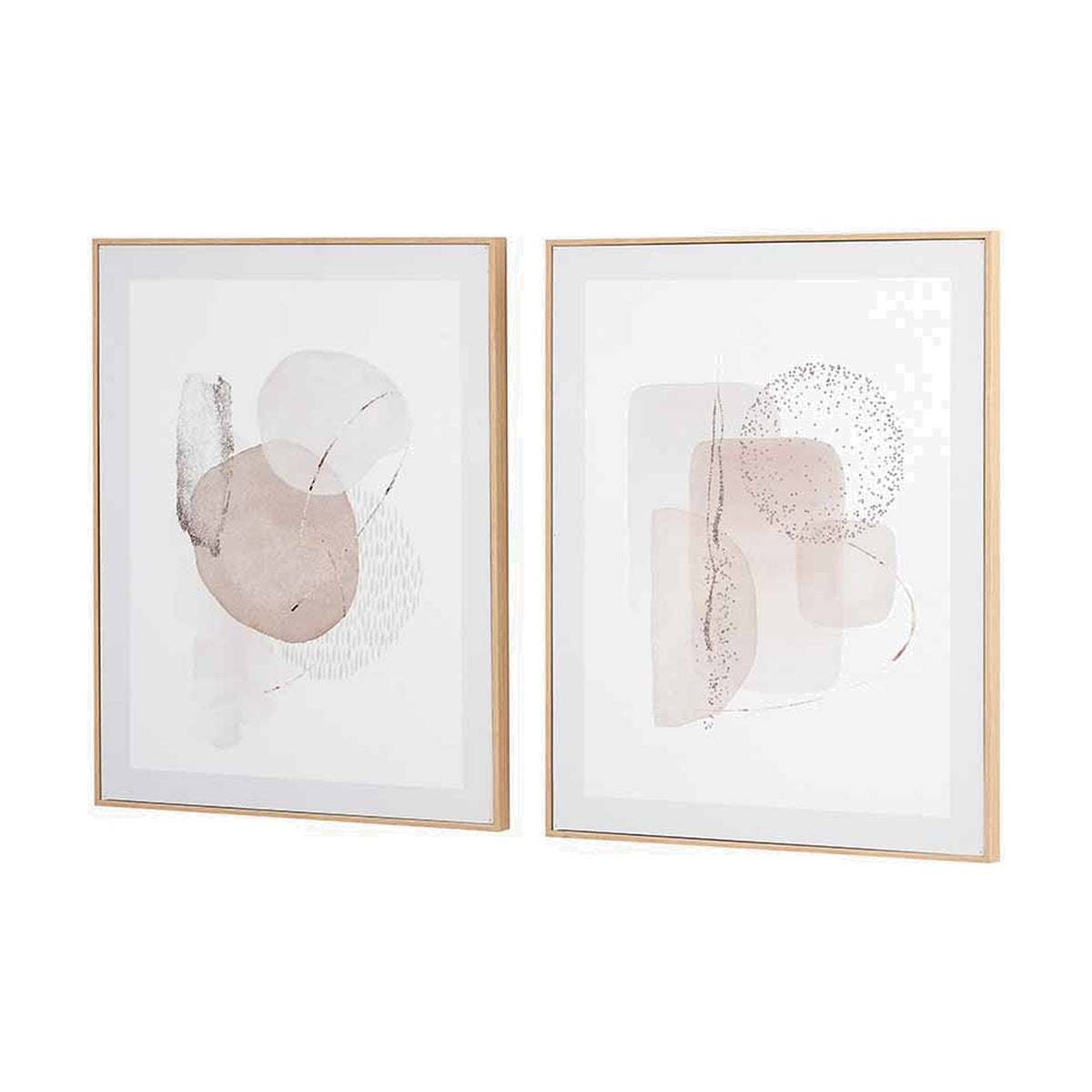 Set of 2 natural wood-framed canvas wall art pieces with abstract shapes in blush, beige, and grey tones, shown on a plain white background.