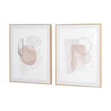 Set of 2 natural wood-framed canvas wall art pieces with abstract shapes in blush, beige, and grey tones, shown on a plain white background.