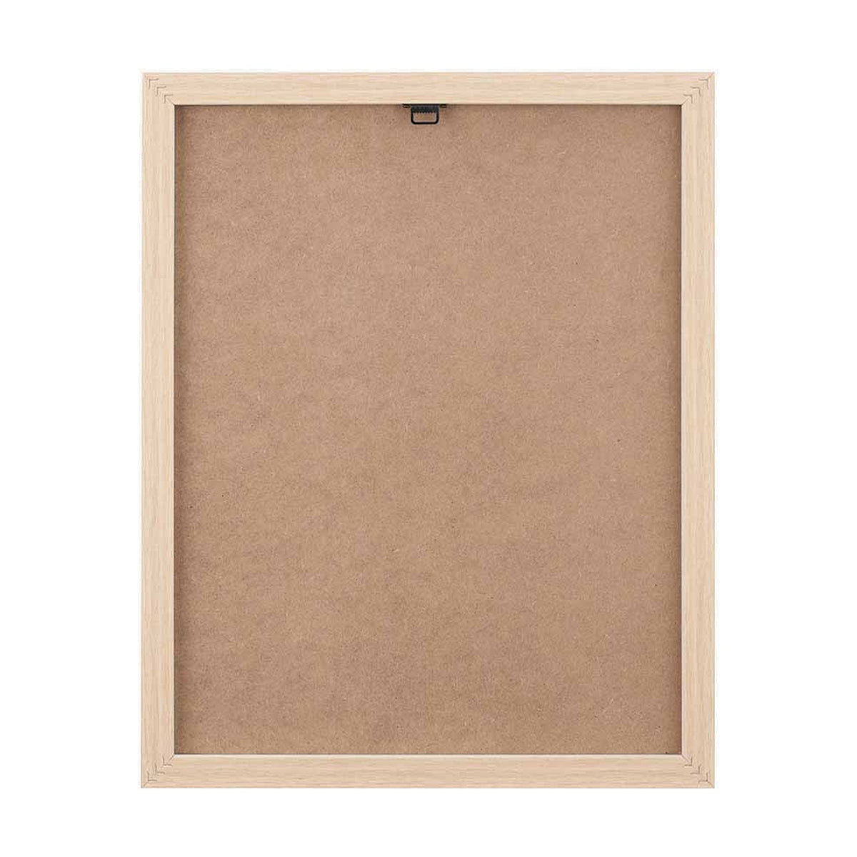 Rear view of a canvas wall art frame in natural wood with MDF backing board and hanging bracket, shown on a plain white background.