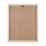 Rear view of a canvas wall art frame in natural wood with MDF backing board and hanging bracket, shown on a plain white background.