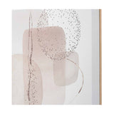Close-up of a natural abstract canvas wall art with wood frame, showing blush-toned rounded shapes, glitter speckling, and a fine metallic line detail on a light background.