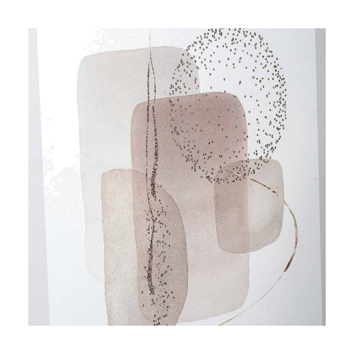 Canvas wall art detail in natural tones, featuring abstract rounded rectangles and circles in beige and dusty pink with fine glitter-effect speckling.