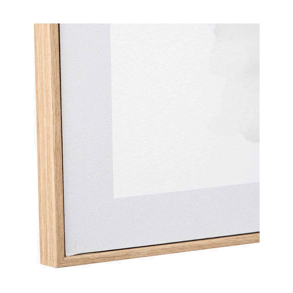 Close-up of a canvas wall art corner showing a natural wood frame with visible grain, white canvas edge, and abstract grey-toned print, against a plain background.