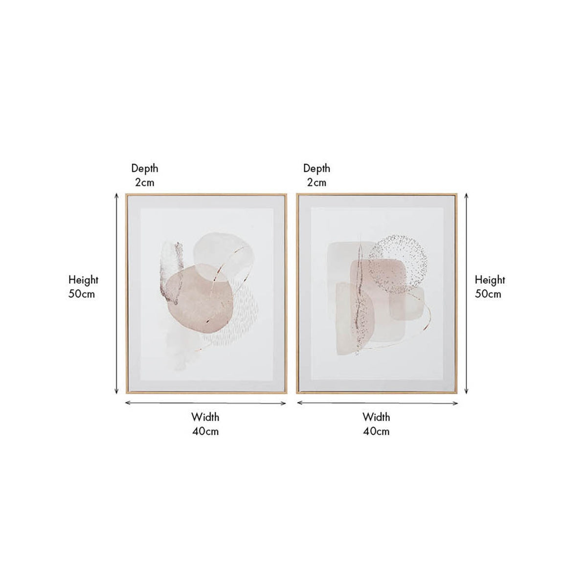 Set of 2 natural abstract canvas wall art prints in gold-toned frames, each 50cm x 40cm x 2cm, shown with dimensions on a white background.