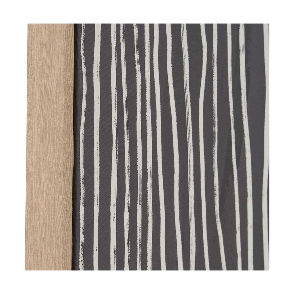 Close-up of the Black & Beige Abstract Canvas with Natural Frame, showing vertical white brushstroke stripes on a charcoal canvas beside a light wood frame edge.