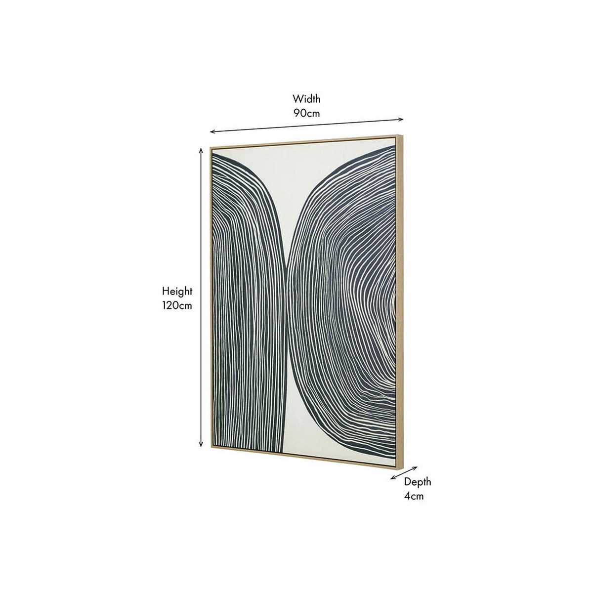 Black and beige abstract canvas art with swirling monochrome line patterns in a natural wood-toned frame, 90 x 120cm, shown at an angle against a white background.