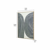 Black and beige abstract canvas art with swirling monochrome line patterns in a natural wood-toned frame, 90 x 120cm, shown at an angle against a white background.