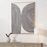 Black & Beige Abstract Canvas with Natural Frame, 90 x 120cm, featuring curved dark grey line patterns on cream, shown framed in wood above a sideboard.