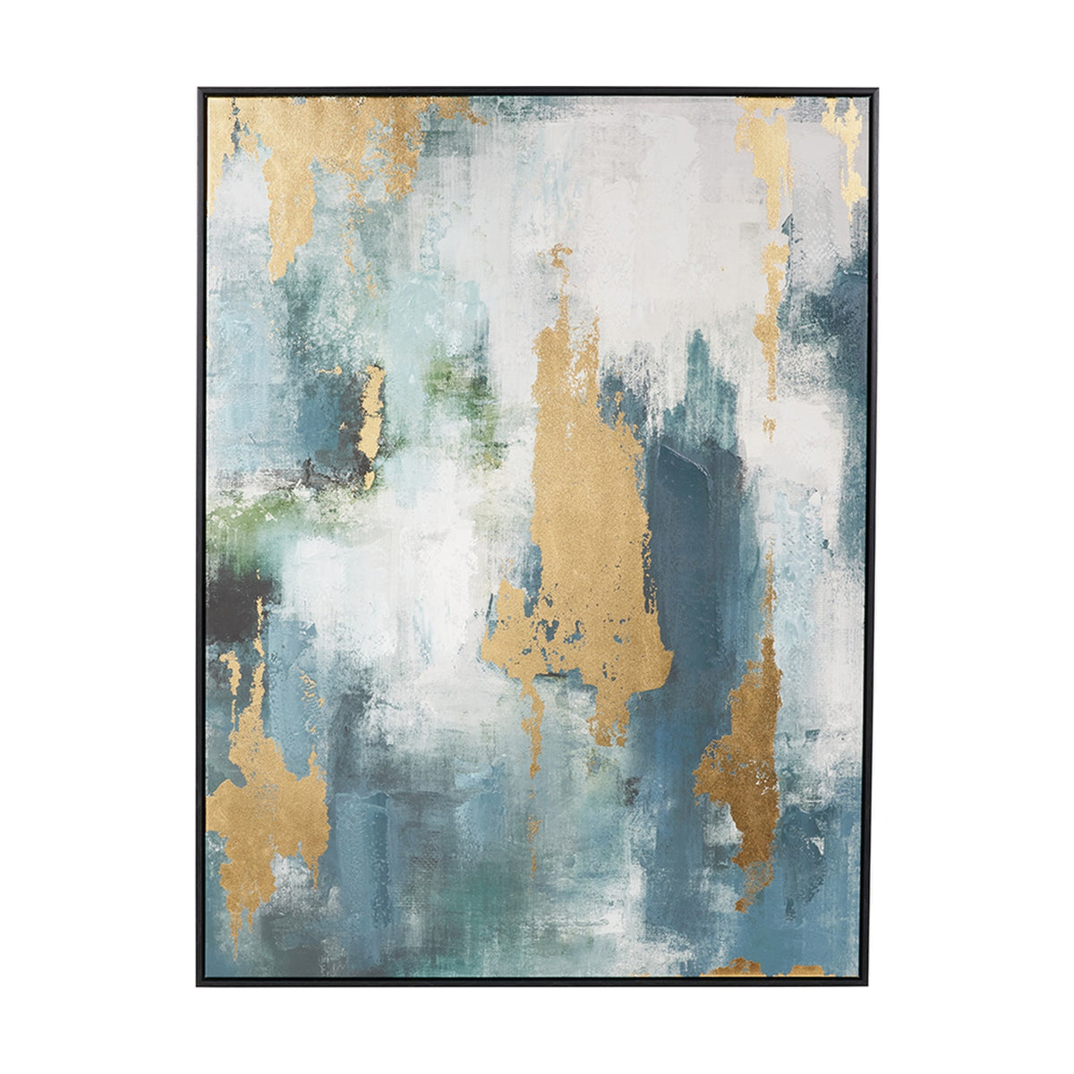 Gold and blue abstract canvas wall art in a black frame, 90 x 120cm, with textured gold-leaf accents over muted blue and white tones, shown on a plain white background.
